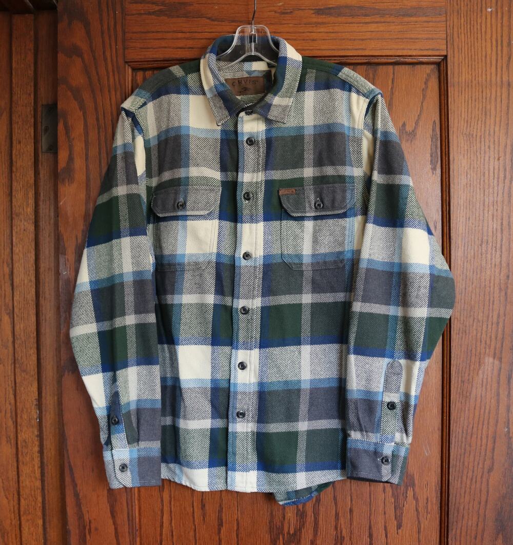 ORVIS Mens Medium Blue Green Plaid Flannel‎ Shirt Long Sleeve Button Down Flap